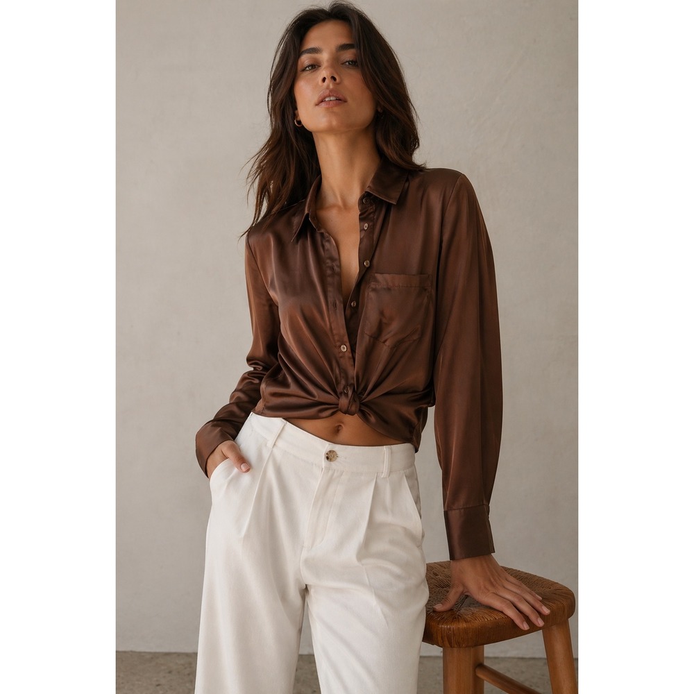 Heartloom Satin Twist Front Blouse Womens XS‎ Brown NEW Long Sleeve Button Down